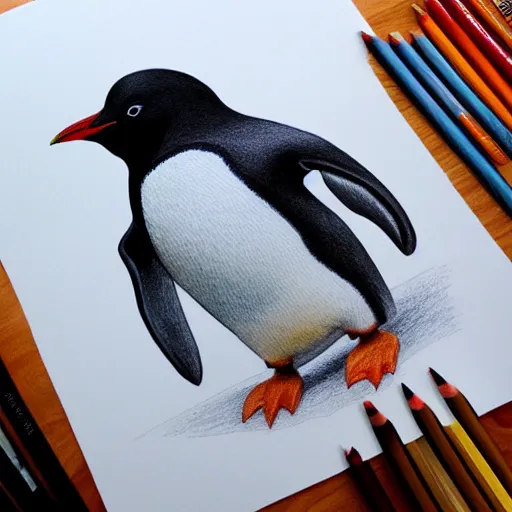 Prompt: Intricate five star Penguin Drawing by Anna Kullberg, Colored pencil on paper, high detail, skin texture, photo realistic, hyperrealism,matte finish, high contrast, 3d depth, masterpiece, vivid colors, artstationhd
