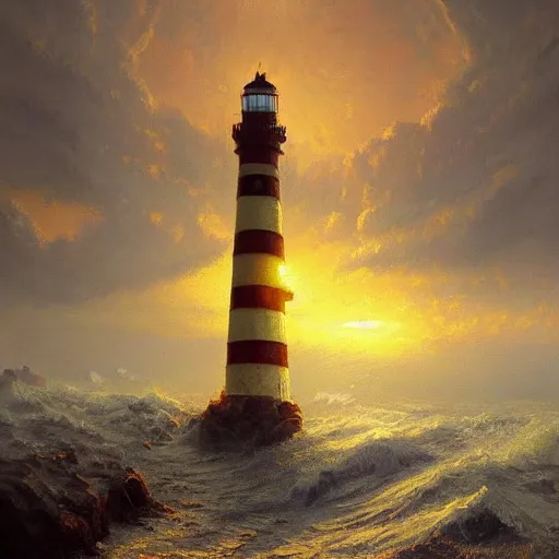 Prompt: A beautiful painting of a singular lighthouse, shining its light across a tumultuous sea of blood by greg rutkowski and thomas kinkade, Trending on artstation. Yellow color scheme