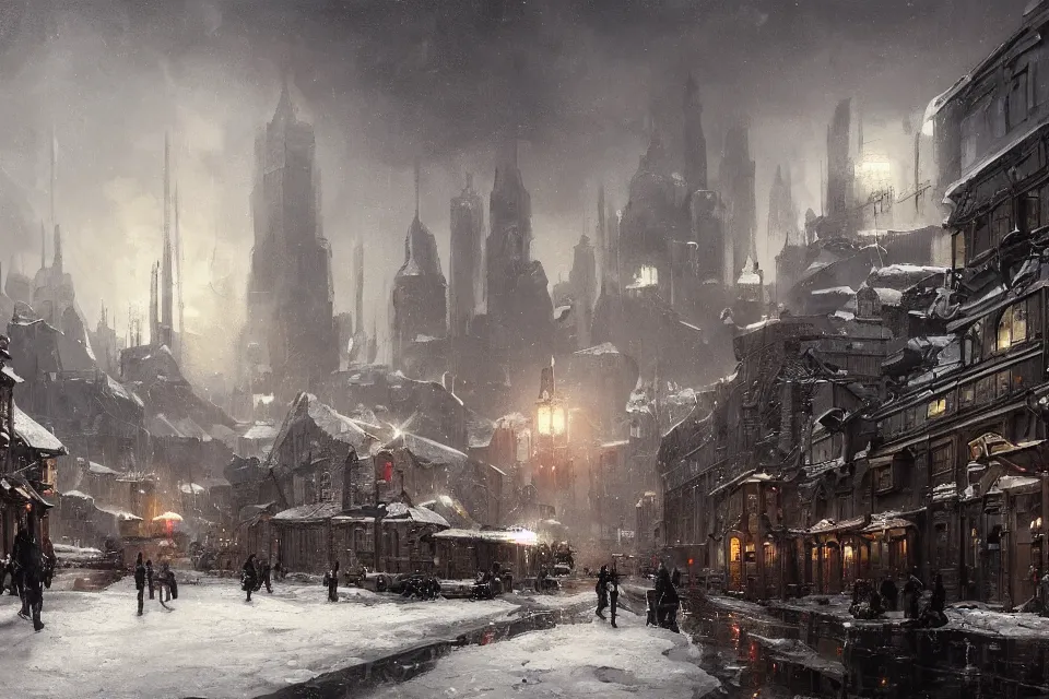 Image similar to highly detailed painting of dieselpunk stockholm, winter, snow, dystopia, by greg rutkowski, by raphael lacoste, 4 k resolution, trending on artstation