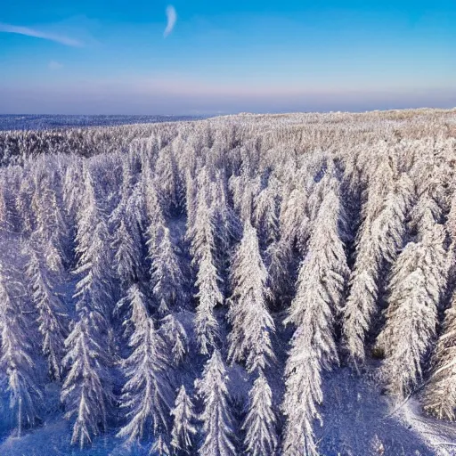 Image similar to sattelite image of snow from 250 meters height, just a few cut frozen trees covered with ice and snow, old lumber mill remains, beautiful winter area