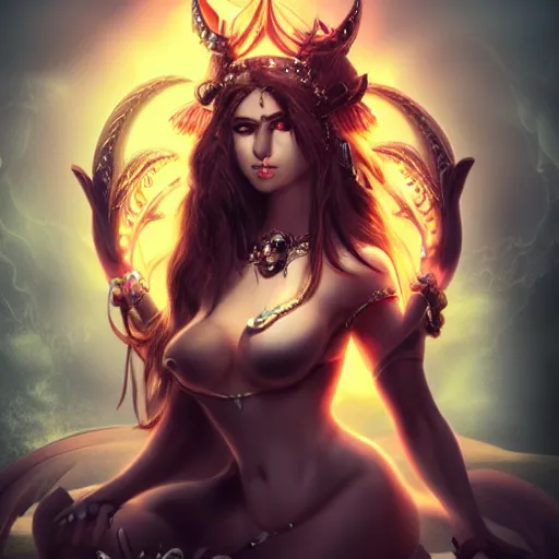 Image similar to majestic and regal portrait of a beautiful demon goddess!!, epic, 8 k, extreme details, sharp focus, elegant, volumetric lighting, volumetric fog