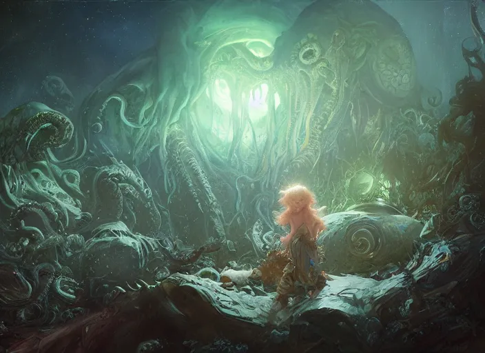 Image similar to my children bed with a giant cthulhu eyes in the night star forest by gaston bussiere, anna nikonova aka newmilky, greg rutkowski, yoji shinkawa, yoshitaka amano, donato giancola, geoffroy thoorens, trending on artstation, featured on pixiv, cinematic composition