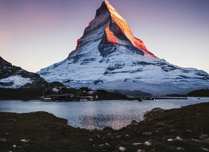 Image similar to photograph of the matterhorn, morning light, landscape photography, award winning, canon, soft lighting, sony, nikon, 4 k, hd