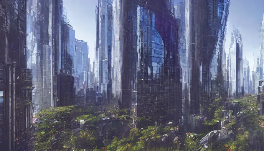 Prompt: Futuristic New York with glass buildings and greenery everywhere, hyperdetailed, artstation, cgsociety, 8k