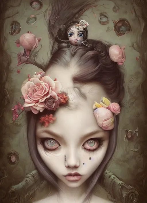 Prompt: pop surrealism, lowbrow art, realistic cute alice girl painting, japanese street fashion, hyper realism, muted colours, rococo, tom bagshaw, mark ryden, trevor brown style
