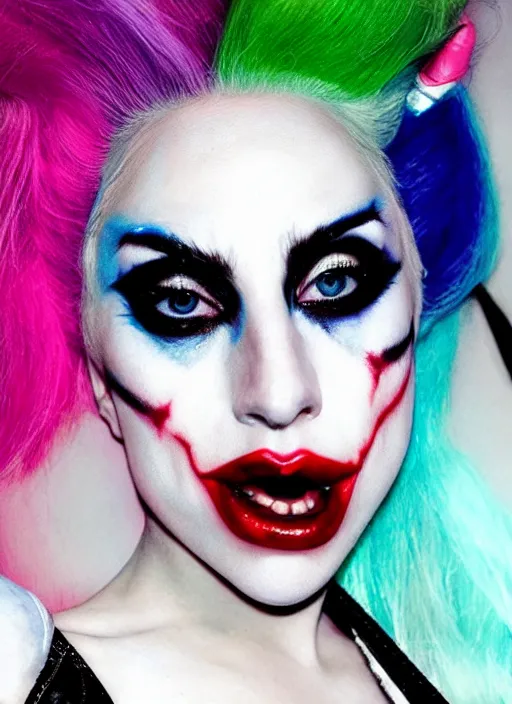 Image similar to portrait of Lady Gaga portraying a realistic Harley Quinn with little makeup in the movie Joker 2023, dramatic cinematic lighting, extremely detailed facial features, award winning photograph by Annie Leibovitz, 8k