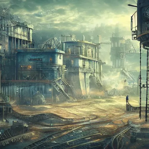 Prompt: beautiful steampunk landscape, industrial city, matte painting, blue colors