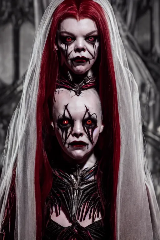Image similar to dressed anya taylor - joy, a sinister demonic queen of cenobites, symmetrical, cinematic, elegant, demonic atmosphere, professional studio light, real dlsr photography, sharp focus, costume made by clive barker, real rotten flesh and blood, 4 k, ultra hd, sense of awe