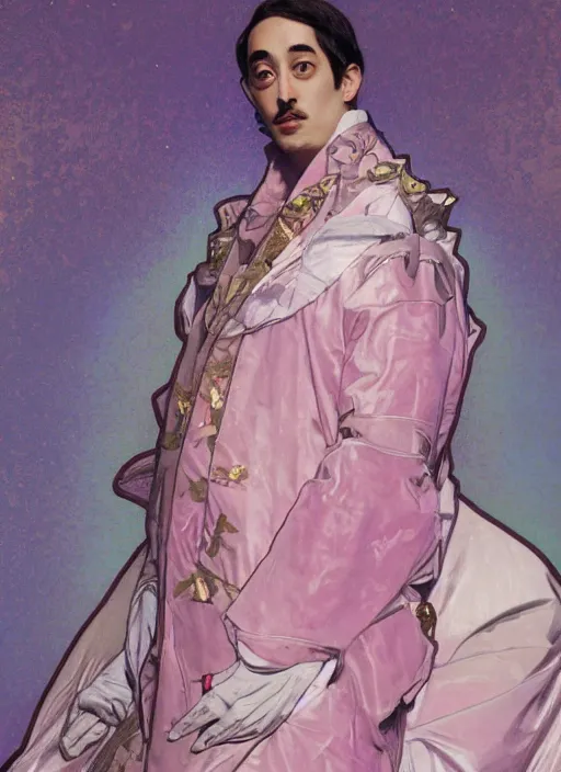 Prompt: Filthy Frank in a Celestial royal pink suit, luxurious theme, meme, funny, sigma male, accurately portrayed, portrait art by alphonse mucha and greg rutkowski, highly detailed, digital painting, concept art, illustration, dim lighting with twilight rays of sunlight, trending on artstation, very detailed, smooth, sharp focus, octane render, close up