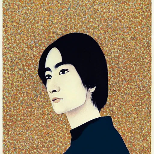 Prompt: “ pablo pascal portrait by ikenaga yasunari and ayana otake and ko rakusui, 6 0 s poster, drawing, realistic, sharp focus, japanese, dreamy, nostalgia, faded, golden hues, floral clothes ”