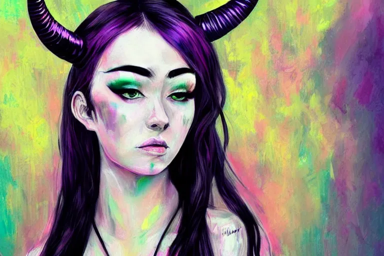 Prompt: a painting of a woman with horns on her head, digital art by harumi hironaka, cgsociety, fantasy art, art on instagram, digital illustration, anime aesthetic