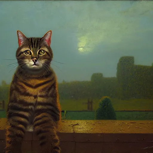 Prompt: 'impressive modern painting of a realistic cat by George Inness, Gerald Brom and Mike Winkelmann, drop shadow, Unreal Engine, RTX, Octane, 4K'