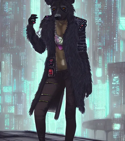 Image similar to digital painting of anthromorphic hyena female smoking cigarrete in cyberpunk style, fursona, furry fandom, furaffinity, neon rainy cyberpunk setting, anthro, wearing cyberpunk leather jacket, detailed face,