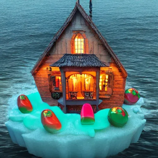 Image similar to a witches house made out of realistic candy on the ocean, epic scene, fantasy, redshift render, cgi, hyper - detailed, photo - bash, 8 k post - production, masterpiece