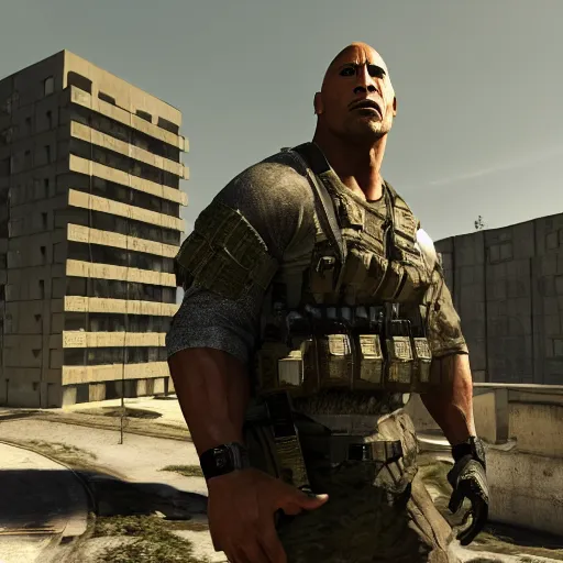 Prompt: dwayne the rock johnson, dwayne the rock johnson in the call of duty map highrise, modern warfare 2 highrise, screenshot