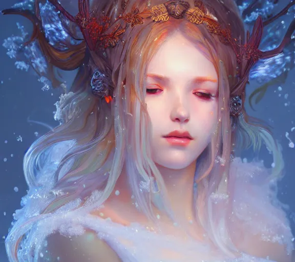 Prompt: beautiful ancient! frost witch, fire in eye, snow glow, pool party, highly detailed, digital painting, artstation, sharp focus, illustration, art by tan zi and ayanamikodon and alphonse mucha and wlop