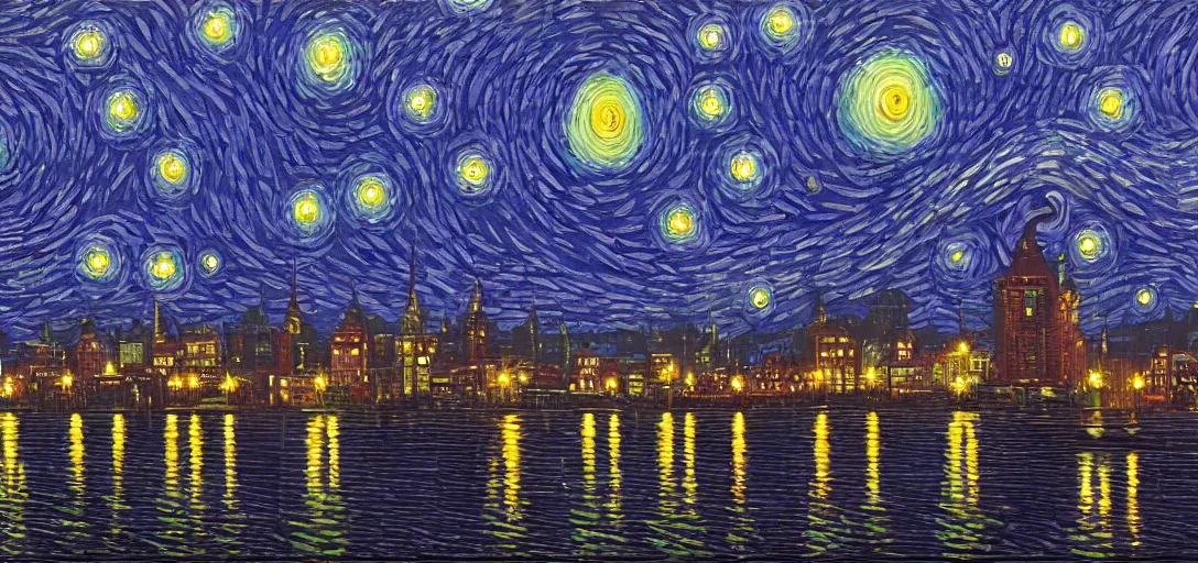 Prompt: Starry Night in a city, painting by Simon Stalenhag