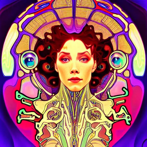 Prompt: extremely psychedelic cyborg queen of lsd. intricate, elegant, highly detailed, extremely lifelike photorealistic digital painting, artstation. alphonse mucha