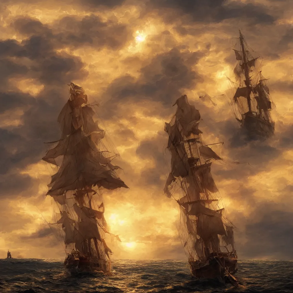 Image similar to portrait of a ship on the sea with a medieval woman ship pilot from behind, dramatic golden sunset with storm clouds, wearing shiny breastplate, dynamic lighting, hyperrealistic, artstation