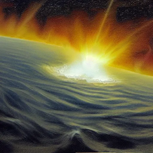 Image similar to a meteor striking the ocean causing large waves to form, highly detailed