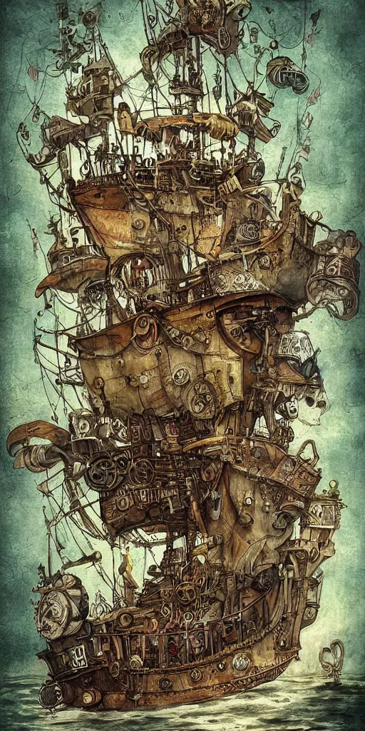 Image similar to a detailed digital painting of a steampunk pirate ship by alexander jansson and where's waldo and leonardo da vinci