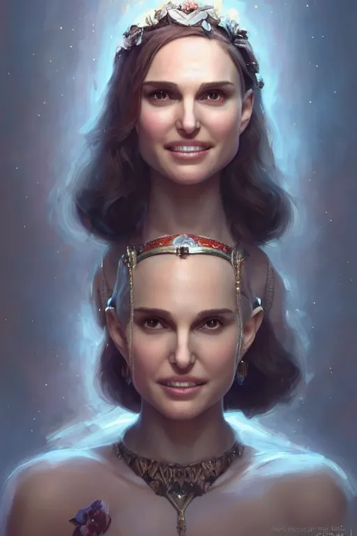 Image similar to Natalie Portman as a Smiling Goddess, soft, only two hands, highly detailed, digital painting, artstation, concept art, smooth, sharp focus, illustration, Unreal Engine 5, 8K, art by art by artgerm and greg rutkowski and edgar maxence