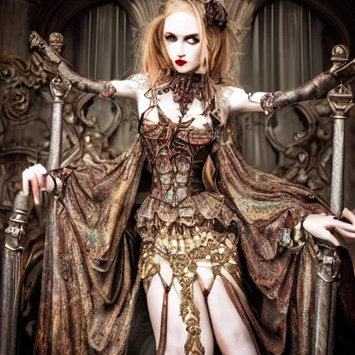 Prompt: beautiful vampire queen with ornate dress, highly detailed, 4k, HDR, smooth, sharp focus, hyper realistic, high resolution, award-winning photo