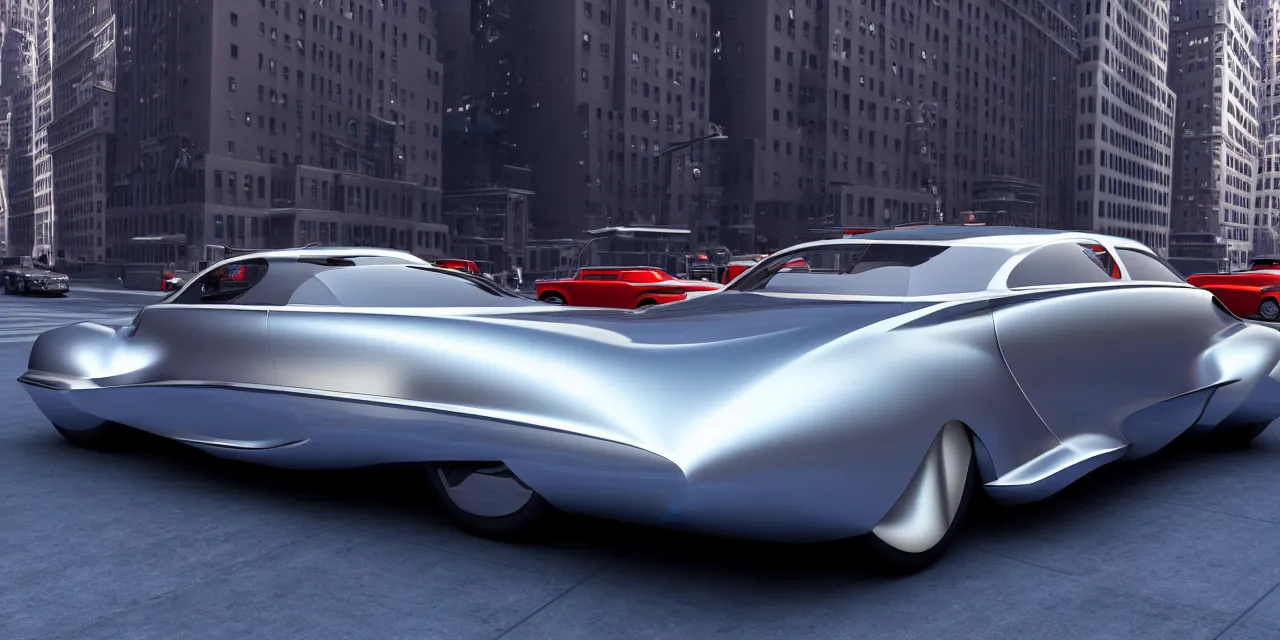 Prompt: photo of a futuristic 1 9 5 0's classic car new york city art - deco 1 9 2 0's - 2 0 6 0's fusion style, concept car 4 k realistic photorender