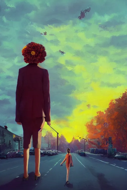 Image similar to closeup giant dahlia flower head, girl in a suit, standing in street, surreal photography, sunrise, dramatic light, impressionist painting, digital painting, artstation, simon stalenhag