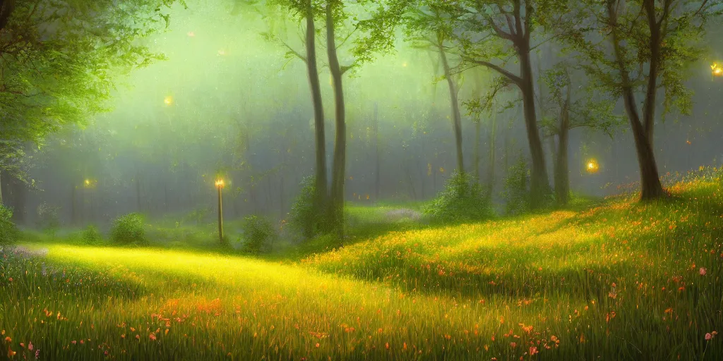 Prompt: fireflies in deep woods inspired by Evgeny Lushpin,flower meadow,spring,cinematic,trending on ArtStation