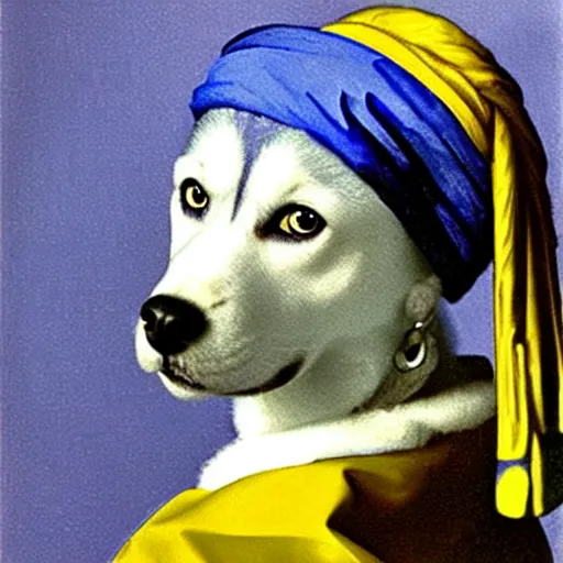 Prompt: A husky with a pearl earring by Johannes Vermeer