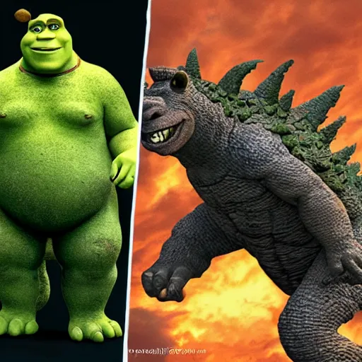 Prompt: shrek versus godzilla