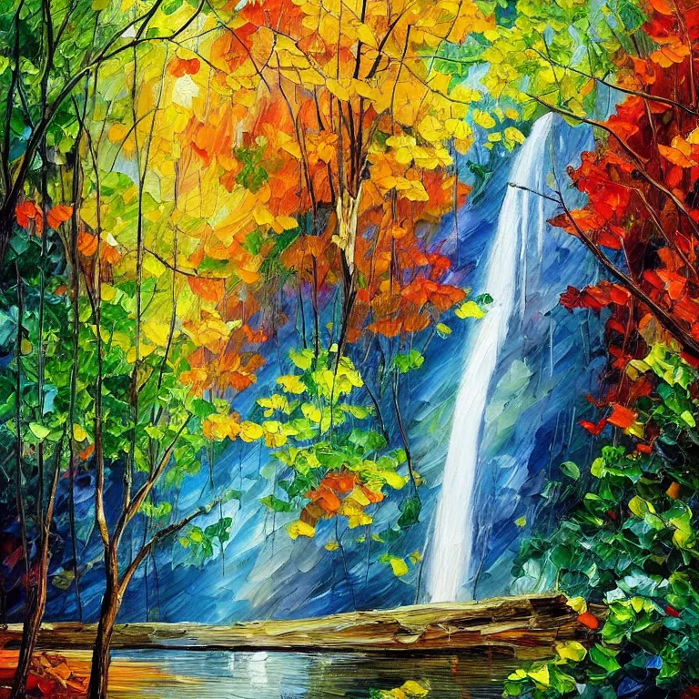 Image similar to A beautiful oil painting of a very tall waterfall on a very rocky cliff, in the middle of a huge forest of trees with bright blue glowing leaves, by Afremov