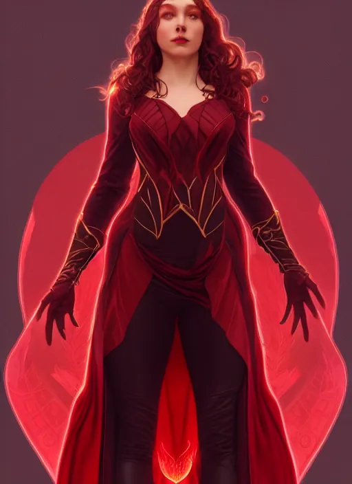 Image similar to Scarlet Witch as Lucifer morningstar, portrait, full body, hyper realistic, trending on artstation, art by ArtGerm and Alphonse Mucha and J. C. Leyendecker and Edmund Bliar Leighton and Charlie Bowater, unreal engine render, octane render