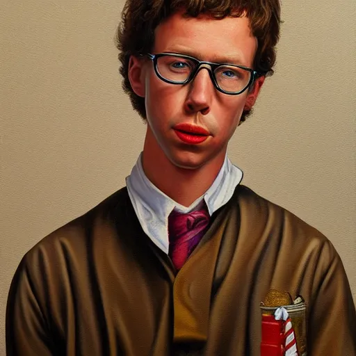 Image similar to Napoleon Dynamite, realistic, hyperrealistic, very realistic, highly detailed, very detailed, extremely detailed, detailed, oil painting, digital art, trending on artstation