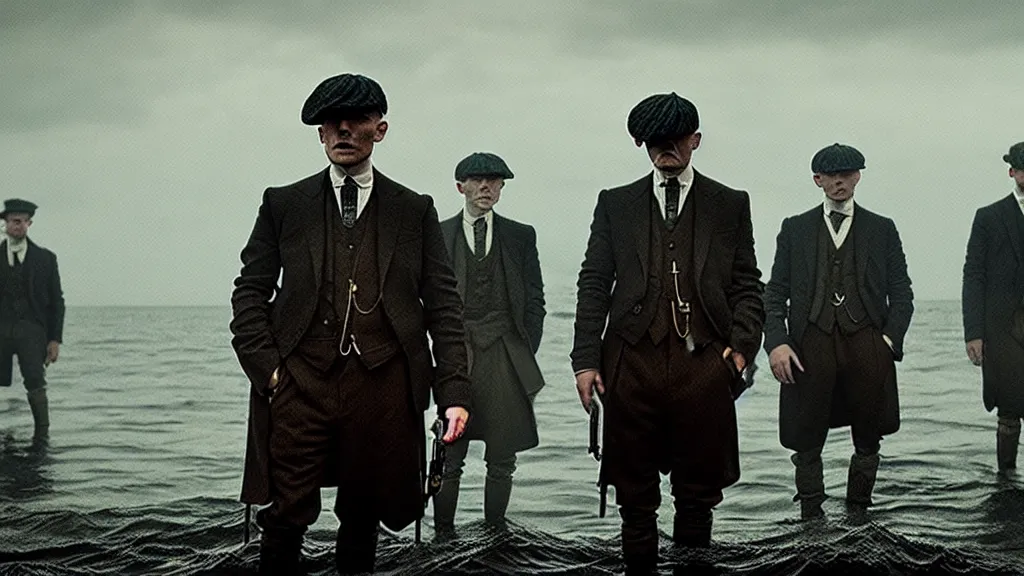 Prompt: the peaky blinders made of fish coming out of the ocean film still from the movie directed by denis villeneuve with art direction by zdzis