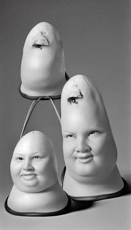 Image similar to obese coneheads, detailed facial features, 1 9 8 0 aesthetic