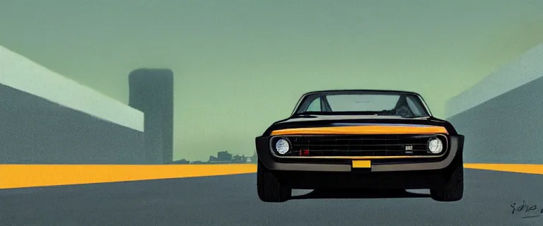 Image similar to black audi camaro b 1 ( 1 9 6 7 ) with stripes, establishing shot, by simon stalenhag