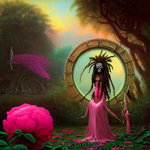 Prompt: a masterpiece wide angle portrait of a voodoo priestess with dreadlocks emerging from a steampunk stargate in a rose garden with a pink reflective pool, by Zdzislaw Beksinski and greg rutkowski and android jones and thomas kinkade in a surreal portrait style, oil on canvas, 8k, hd,