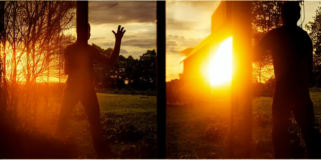 Image similar to the sunset's light beams through a window, tom holand, action pose, outside in a farm, medium close up shot, depth of field, sharp focus, waist up, movie scene, anamorphic,