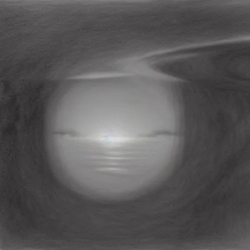 Prompt: a realistic charcoal drawing of a black circular void floating over the ocean in the style of Marco Tirelli, surreal