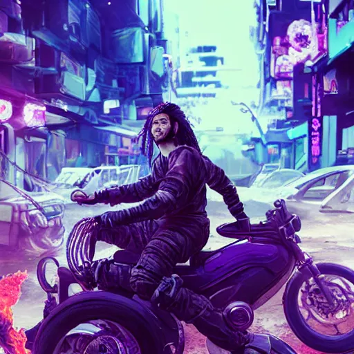 Image similar to portrait painting of a street samurai with long purple hair riding a motorcycle through a burning cyberpunk slum, glitchwave, ultra realistic, concept art, intricate details, eerie, highly detailed, photorealistic, octane render, 8 k, unreal engine. art by nivanh chanthara