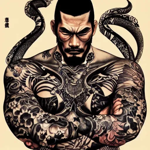 Prompt: silhouette of a heavily tattooed Yakuza warrior illustration, medium shot, intricate, elegant, highly detailed, digital art, ffffound, art by JC Leyendecker and sachin teng
