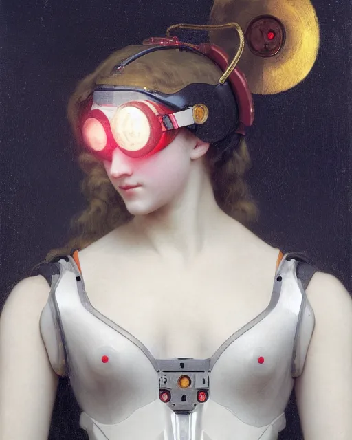 Prompt: centered portrait photo by bouguereau of classical girl as a solarpunk mecha humanoid robotic parts wearing goggles with bright lights, real human face, serpentine pose, inside white room, ultra - realistic and detailed, 8 k