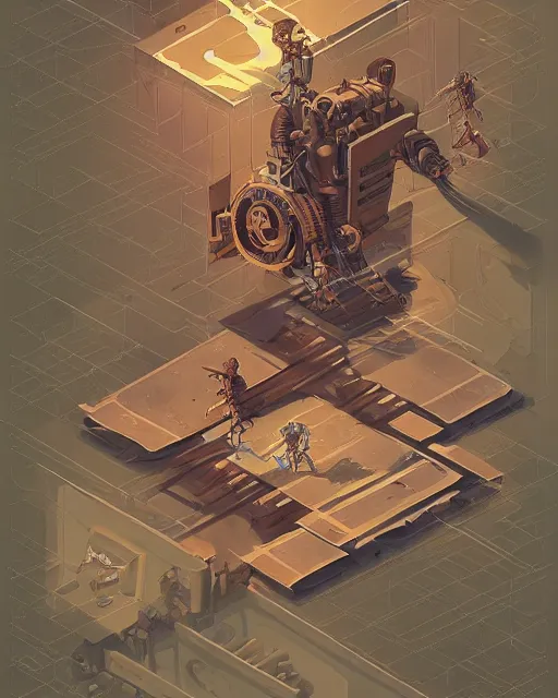 Prompt: a 2d isometric illustration of a steampunk robot warrior, art by studio ghibli and greg rutkowski and disney concept artists, isometric perspective, studio ghibli color scheme, octane, cgsociety, intricate, macro