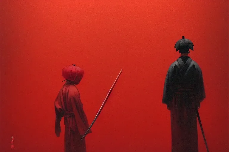 Image similar to only with red, a red samurai harakiri, tokio, a lot of frogs watch, in the style of beksinski, parts by edward hopper, parts by rodcenko, parts by yue minjun, intricate and epic composition, red by caravaggio, insanely quality, highly detailed, masterpiece, red light, artstation, 4 k