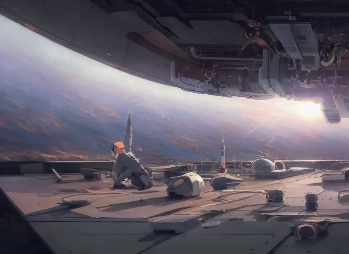 Image similar to low angle shot of a stretching on a mechanics workbench in a spaceport in a space opera studio ghibli animated film, volumetric lighting, octane render by anime, stanley artgerm lau, greg rutkowski, thomas kindkade, alphonse mucha, loish, norman rockwel, highly detailed