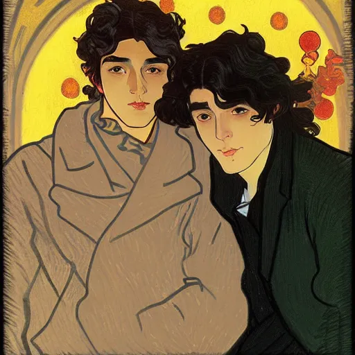 Image similar to painting of young cute handsome beautiful dark medium wavy hair man in his 2 0 s named shadow taehyung and cute handsome beautiful min - jun together at the halloween! party, bubbling cauldron!, candles!, smoke, autumn! colors, elegant, wearing suits!, clothes!, delicate facial features, art by alphonse mucha, vincent van gogh, egon schiele