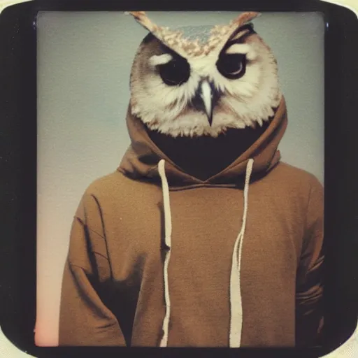 Prompt: !!! sticker!!! close - up polaroid photo of anthropomorphic owl anthropomorphic!!! wearing a hoodie!!!!