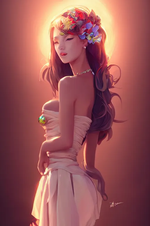 Image similar to a beautiful fashion goddness of love, chic strapless dress, tropical sea background, character design, in the style of artgerm, and wlop, cinematic lighting, hyperdetailed, 8 k realistic, symmetrical, global illumination, radiant light, frostbite 3 engine, cryengine, dof, trending on artstation, digital art